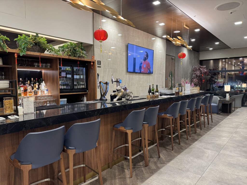 a bar with chairs and a tv