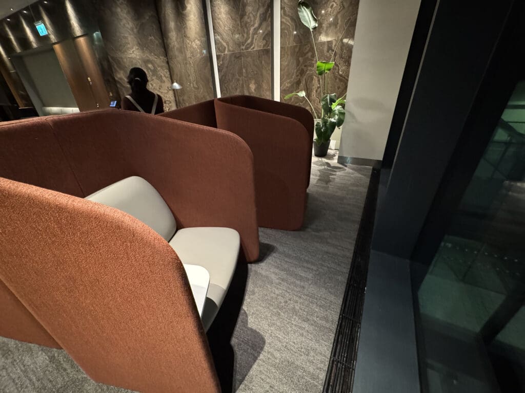 a room with chairs and a plant