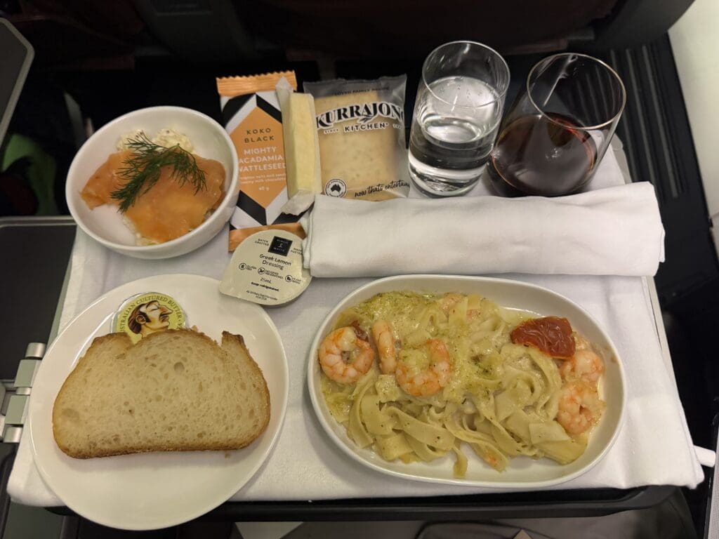 a tray with food and drinks on it