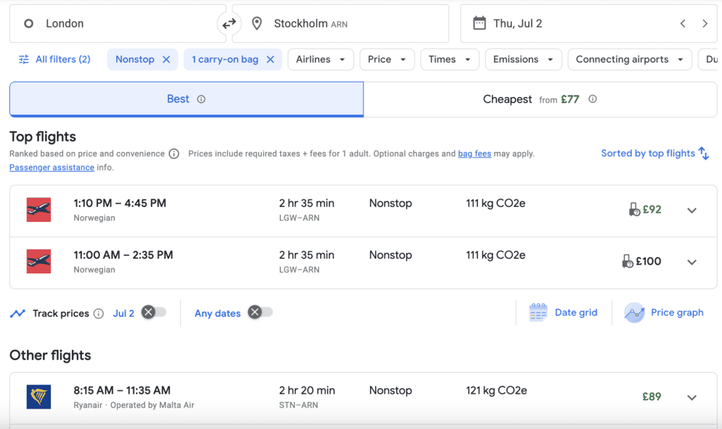 a screenshot of a flight schedule
