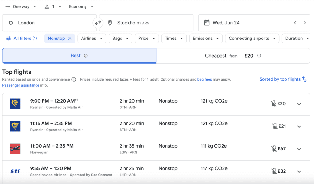 a screenshot of a flight schedule